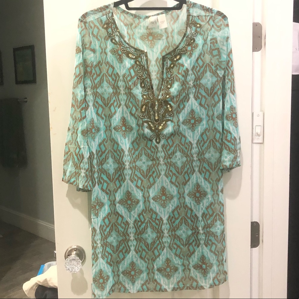 BEACH INC. TURQUOISE & BROWN BEADED BEACH COVER UP